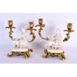 A LOVELY PAIR OF 19TH CENTURY MINTON BISCUIT PORCELAIN COUNTRY HOUSE CANDLESTICKS with gilt bronze m
