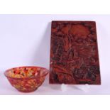 A CONTINENTAL ART GLASS BOWL and a Chinese screen. Largest 21 cm x 14 cm. (2)