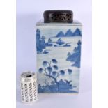 A LARGE 18TH CENTURY CHINESE BLUE AND WHITE PORCELAIN TEA CANISTER Qianlong, painted with landscapes