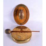 A LOVELY VICTORIAN CARVED OAK BRONZE AND COPPER EQUESTRIAN DINNER GONG presented by the Choir of St