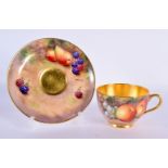 A ROYAL WORCESTER FRUIT PAINTED CUP AND SAUCER by Higgins. 13.5 cm wide.