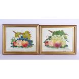 English glass pair of plaques painted with fruit and flowers on a table by R. Rayworth, 24 x 20 cm