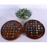 TWO VINTAGE MARBLE SOLITAIRE BOARDS and a bowl of marbles. (qty)