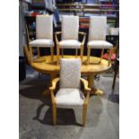 A David Linley maple Burr Ash pedestal dining Table together with four upholstered wooden inlaid ch