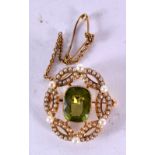 A VICTORIAN YELLOW METAL SEED PEARL AND PERIDOT PENDANT. 6.2 grams. 2.5 cm x 2.25 cm.