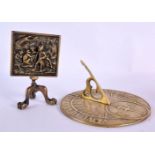 AN UNUSUAL GEORGE III BRONZE GILT TOP MONKEY TABLE together with a bronze sun dial. Largest 16 cm wi