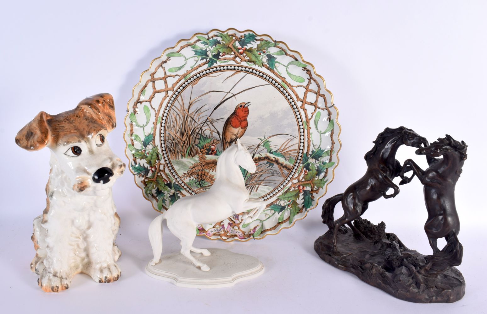 A LARGE AESTHETIC MOVEMENT DAVENPORT DISH together with a heredities horse etc. Largest 35 cm wide.