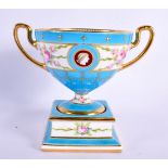 Minton two handled pedestal vase with turquoise ground painted with a band of roses, both sides with