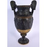 A 19TH CENTURY EUROPEAN TWIN HANDLED BRONZE VASE After the Antiquity. 25 cm x 15 cm.