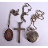 TWO CONTINENTAL SILVER LOCKETS ON CHAINS TOGETHER WITH A CRUCIFIX (3)