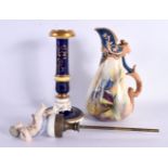 AN ANTIQUE HADLEYS WORCESTER PORCELAIN EWER together with a C1850 candlestick & a Meissen style fini