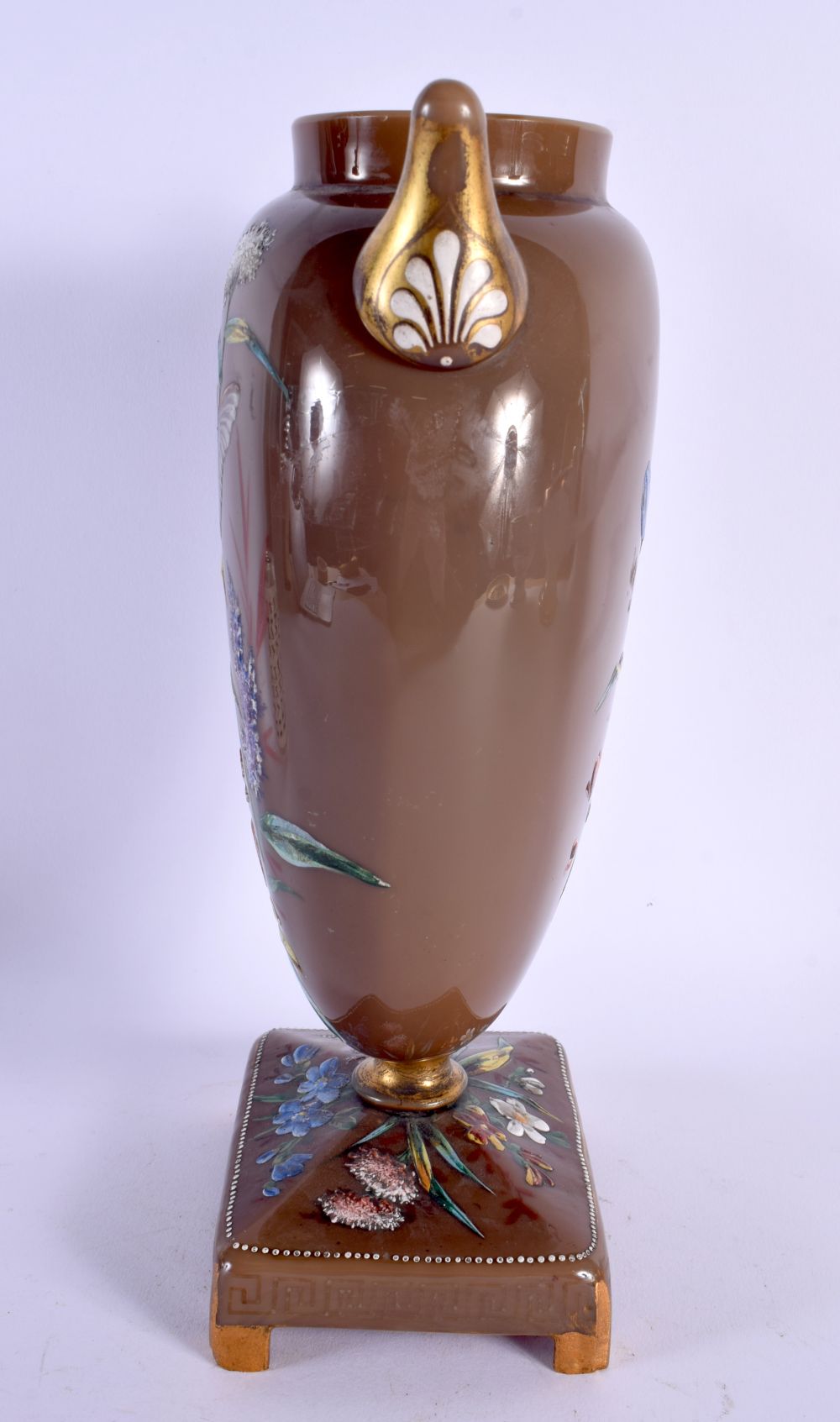 A LARGE AESTHETIC MOVEMENT ENAMELLED TWIN HANDLED GLASS VASE decorated with birds and flowers. 27 cm - Bild 2 aus 6