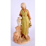 A ROYAL WORCESTER PORCELAIN FIGURE OF A FEMALE modelled beside a vase. 18 cm high.