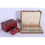 TWO ANTIQUE LEATHER JEWELLERY BOXES and a set of knives and forks. (qty)