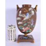 A LARGE AESTHETIC MOVEMENT ENAMELLED TWIN HANDLED GLASS VASE decorated with birds and flowers. 27 cm