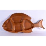 A MID CENTURY CARVED WOOD FISH SERVING PLATTER. 52 cm x 24 cm.