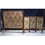 A wooden framed silk embroidered fire screen together with a smaller 3 section wooden framed embroid