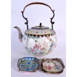 A LARGE 18TH CENTURY CHINESE CANTON ENAMEL TEAPOT AND COVER Qianlong, together with two dishes. Larg