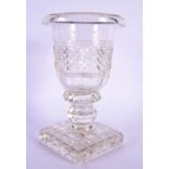 A LOVELY REGENCY CUT GLASS VASE with square cut base. 17 cm x 9 cm.