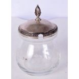 A VINTAGE SILVER TOPPED PRESERVE JAR. Silver 30 grams. 14 cm x 9.5 cm.