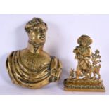 AN ANTIQUE EUROPEAN BRONZE BUST OF A MALE together with a gilt metal figure. Largest 14 cm x 10 cm.