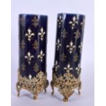 A PAIR OF ANTIQUE FRENCH SEVRES STYLE JEWELLED VASE upon gilt metal mounts. 14 cm high.