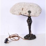 A bronze table lamp with a coral shade, base decorated with sea shells and crustations 40 x 35 x 29