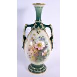 Royal Worcester two handled vase painted with dog roses and wild flowers, with green and gilt border