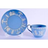 19th century WEDGWOOD jasperware cup and saucer with applied classical scenes, WEDGWOOD impressed, n