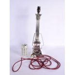 A LARGE ANTIQUE COUNTRY HOUSE SILVER PLATED COLUMN LAMP. 48 cm high.