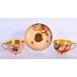 TWO ROYAL WORCESTER FRUIT PAINTED CUPS by Cox & Smith, together with a saucer by another Worcester a