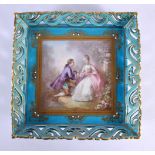 A FINE 19TH CENTURY FRENCH SEVRES PORCELAIN SQUARE FORM DISH painted with lovers in a landscape. 16