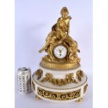 A FINE LARGE 19TH CENTURY FRENCH GILT BRONZE AND MARBLE MANTEL CLOCK formed as a female holding alof