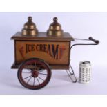 A CHARMING FOLK ART NOVELTY PAINTED WOOD ICE CREAM TROLLEY with brass covers. 44 cm x 37 cm.