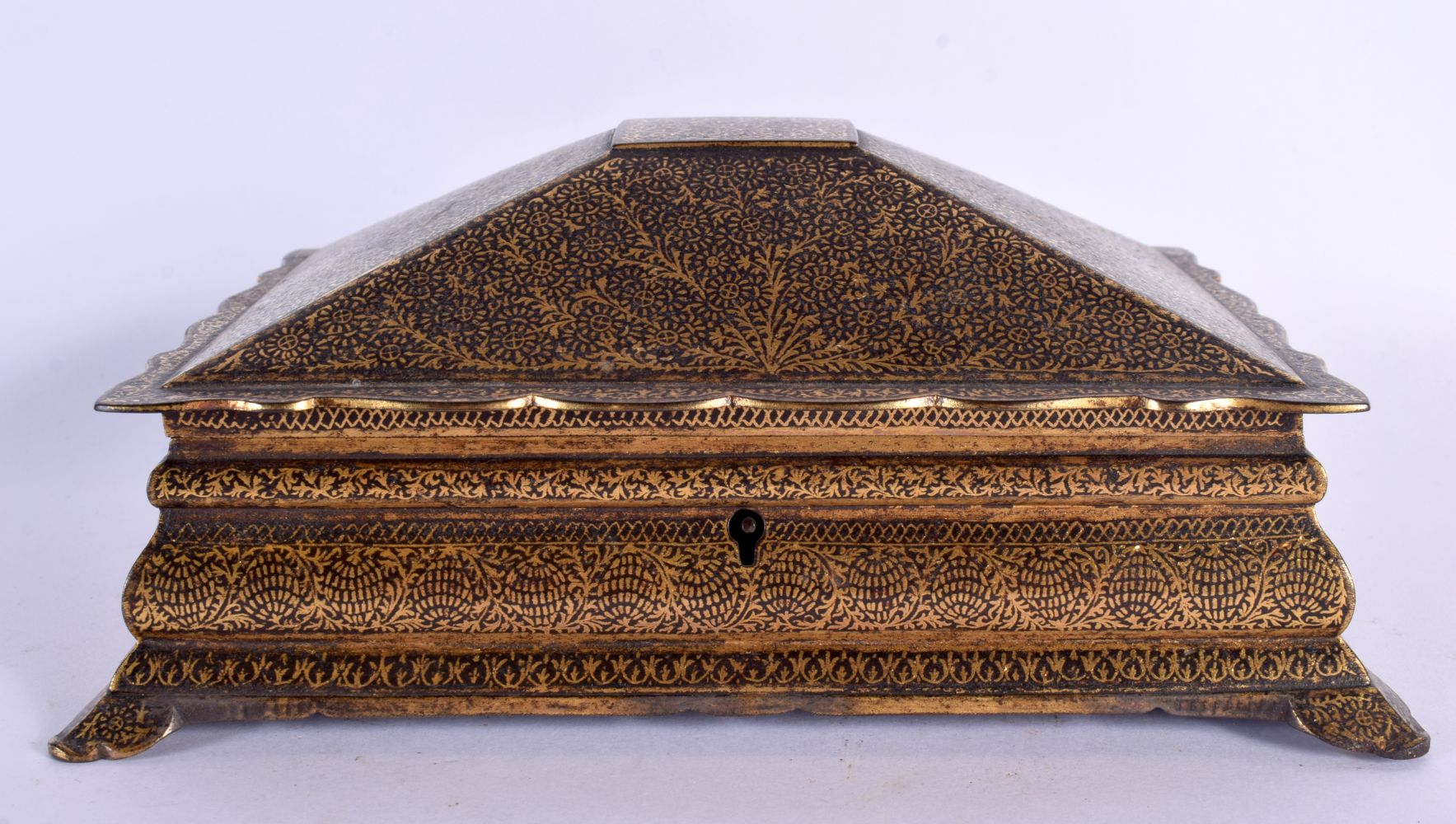 A RARE 19TH CENTURY PERSIAN TURKISH GOLD INLAID STEEL CASKET decorated all over with foliage and vin