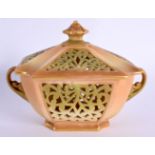 Royal Worcester green and blush ivory reticulated two handled box and cover, date mark 1909 8.5x11cm