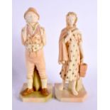 A PAIR OF ROYAL WORCESTER FIGURE OF AN IRISH MAN AND WOMEN. 18 cm high.