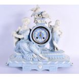 19th century very rare Minton parian figural clock, in light blue and white, depicting a woman, chil