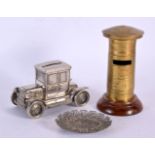AN ANTIQUE MALTESE WHITE METAL DISH together with a Ford money box & a post office money box. Larges