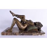 A RARE EARLY 20TH CENTURY COLD PAINTED BRONZE EROTIC GROUP modelled as a female putting on stockings