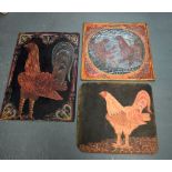 A CHARMING SET OF THREE FOLK ART PAINTED COCK FIGHTING WOOD PANELS in various forms and sizes. Large