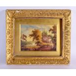 19th century English porcelain plaque with man and a donkey near a mill. 14x20cm