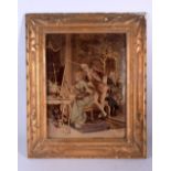 AN ANTIQUE REVERSE PRINTED PICTURE ON GLASS depicting classical figures. 36 cm x 27 cm.