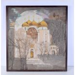 Russian framed Batik print with label to reverse 69 x 64 cm.