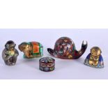 FIVE EARLY 20TH CENTURY CHINESE CLOISONNE AND ENAMEL FIGURES. Largest 8 cm x 5.5 cm. (5)