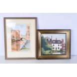 A framed watercolour of a Riverside scene signed Ann Currie together with a framed oil on board