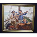 An oil on canvas depicting fishermen in a boat, Christies label to rear 74 x 89 cm.