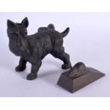 TWO NOVELTY CAST IRON DOOR STOPS modelled as a scottie dog and a mouse upon a cheese block. Largest