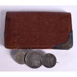 A VICTORIAN SILVER THREE COIN BROOCH TOGETHER WITH A LEATHER WALLET WITH SILVER MOUNT. Brooch 5.3cm