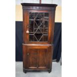 A Georgian glass fronted corner cupboard on a shelved base 194 x 88 x 60cm.